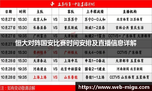 恒大对阵国安比赛时间安排及直播信息详解